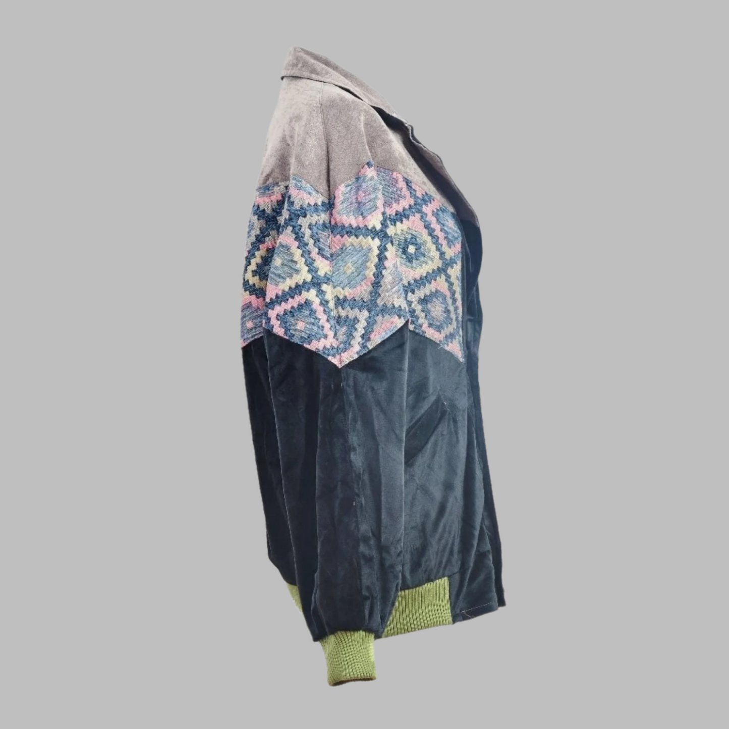 Zabazar Black sandbox bomber Jacket description Patchwork Aztec Navajo jacket, Hand Quilted Sustainable Jacket, Size L , Corduroy Bomber Jacket, Upcycled Aztec Jacket. 100% cotton Zabazar original one of a kind jackets aztec navajo retro 80's 90's coat