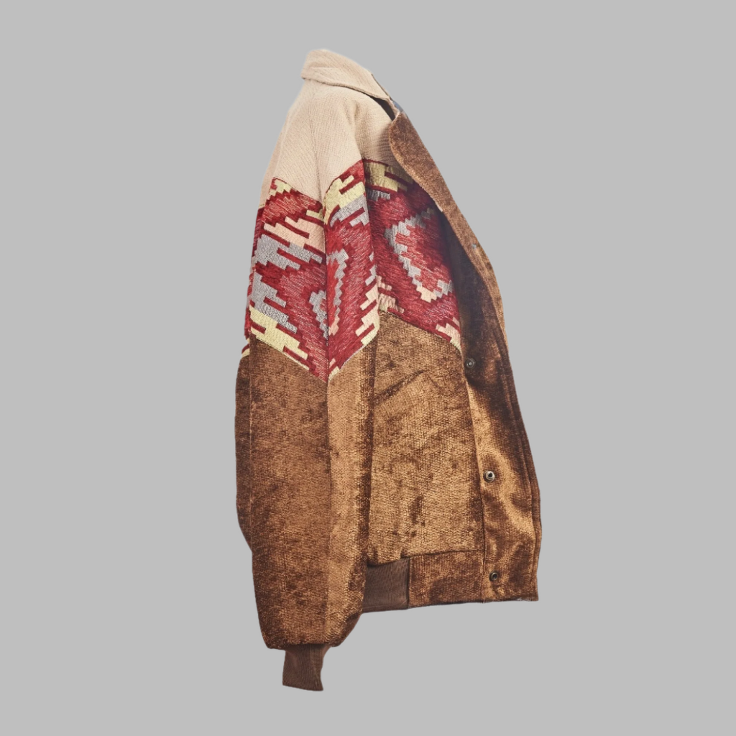 zabazar Jacket description Patchwork Aztec Navajo jacket, Hand Quilted Sustainable Jacket, Size L , Corduroy Bomber Jacket, Upcycled Aztec Jacket. 100% cotton Jajim hash brownies bomber jacket brown