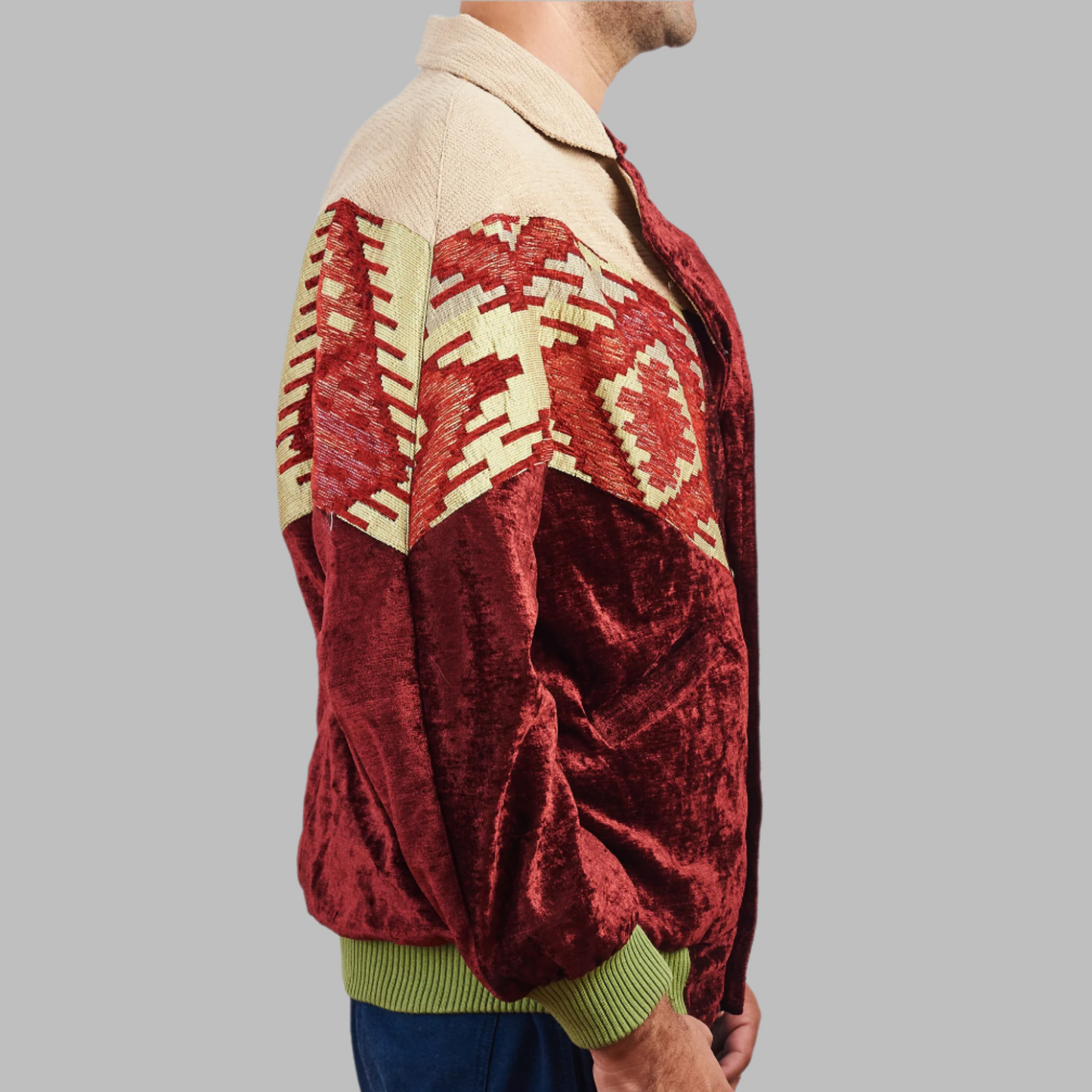 Kilim Bomber Patchwork Jacket Zabazar Jacket description Patchwork Kilim pattern jacket, Hand Quilted Sustainable Jacket, Size L , Bomber Jacket, Upcycled vintage Jacket. 100% cotton one of a kind Original Zabazar Product.