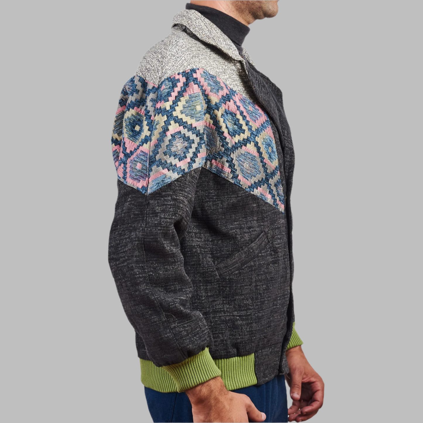 Kilim Bomber Jacket Dark Grey Jacket description Patchwork Aztec Navajo jacket, Hand Quilted Sustainable Jacket, Size L , Corduroy Bomber Jacket, Upcycled Aztec Jacket. 100% cotton Zabazar original one of a kind jackets aztec navajo retro 80's 90's coat