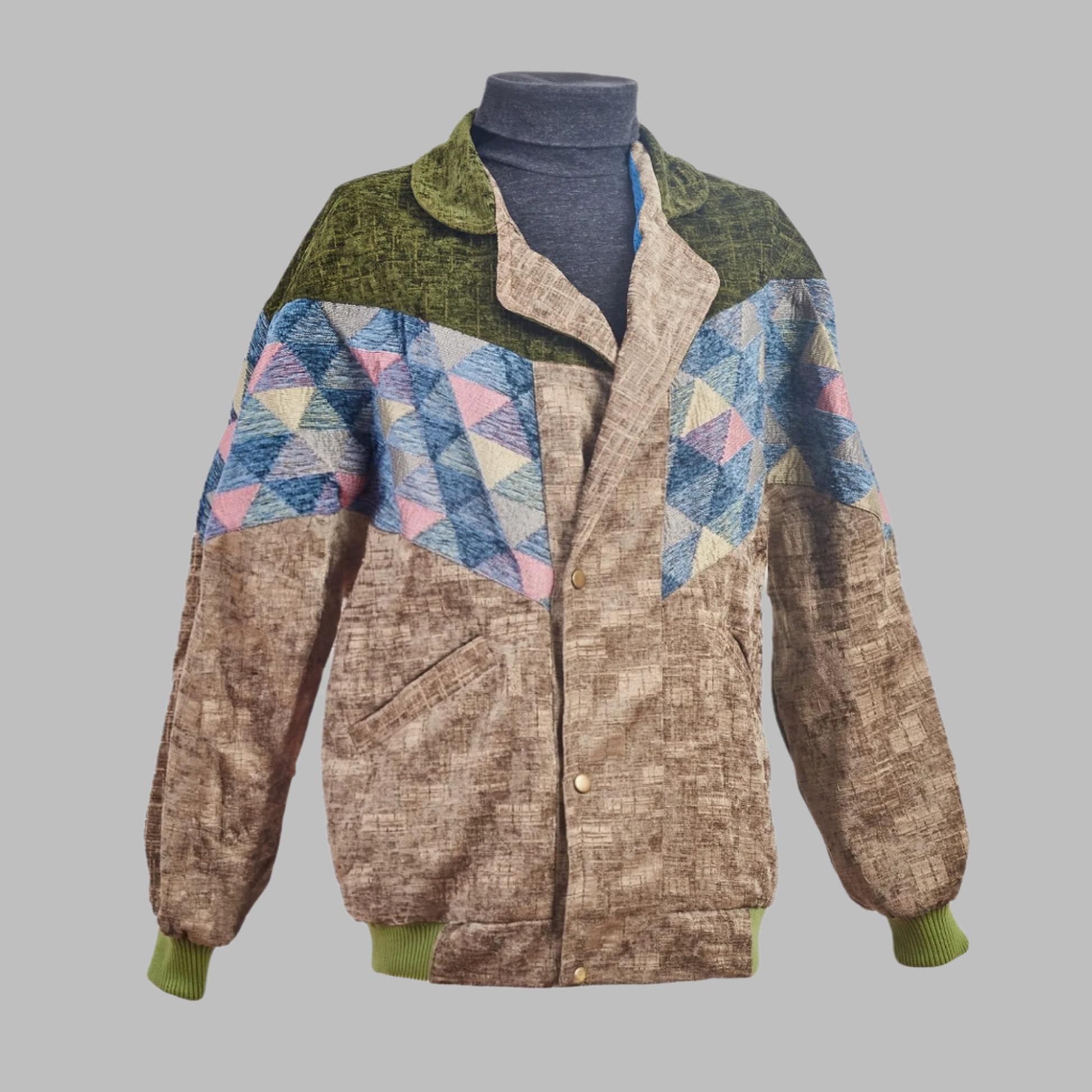 Kilim Bomber Patchwork Jacket Zabazar Jacket description Patchwork Motifs pattern coat, Hand Quilted Sustainable Jacket, Size L , Bomber Jacket, Upcycled vintage Jacket. 100% cotton one of a kind Original Zabazar Product.