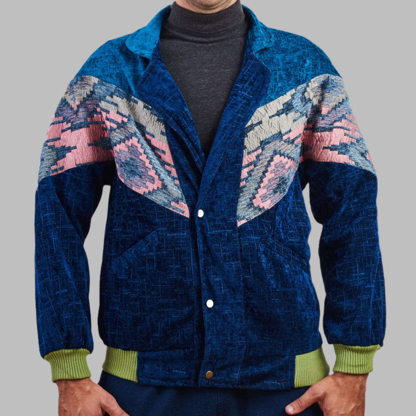 Aztec Navajo Bomber Jacket Blue Jacket description Patchwork Aztec Navajo jacket, Hand Quilted Sustainable Jacket, Size L , Corduroy Bomber Jacket, Upcycled Aztec Jacket. 100% cotton Zabazar original one of a kind jackets aztec navajo retro 80's 90's coat