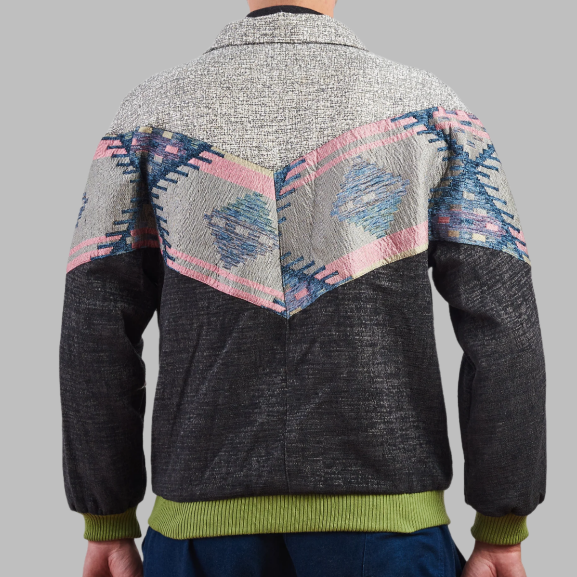 Aztec Navajo Bomber Jacket Dark Grey Jacket description Patchwork Aztec Navajo jacket, Hand Quilted Sustainable Jacket, Size L , Corduroy Bomber Jacket, Upcycled Aztec Jacket. 100% cotton Zabazar original one of a kind jackets aztec navajo retro 80's 90's coat\