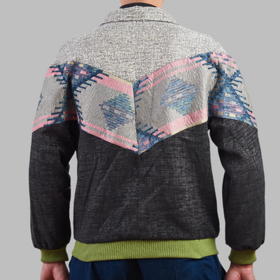 Aztec Navajo Bomber Jacket Dark Grey Jacket description Patchwork Aztec Navajo jacket, Hand Quilted Sustainable Jacket, Size L , Corduroy Bomber Jacket, Upcycled Aztec Jacket. 100% cotton Zabazar original one of a kind jackets aztec navajo retro 80's 90's coat\