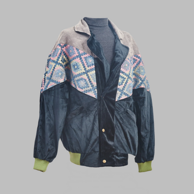  Zabazar Black sandbox bomber Jacket description Patchwork Aztec Navajo jacket, Hand Quilted Sustainable Jacket, Size L , Corduroy Bomber Jacket, Upcycled Aztec Jacket. 100% cotton Zabazar original one of a kind jackets aztec navajo retro 80's 90's coat