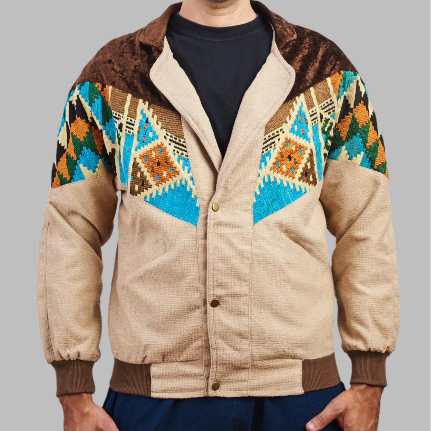 Ganouby bomber jacket Qateefa Jacket description Patchwork Aztec Navajo jacket, Hand Quilted Sustainable Jacket, Size L , Corduroy Bomber Jacket, Upcycled Aztec Jacket. 100% cotton Zabazar original one of a kind jackets aztec navajo retro 80's 90's coat