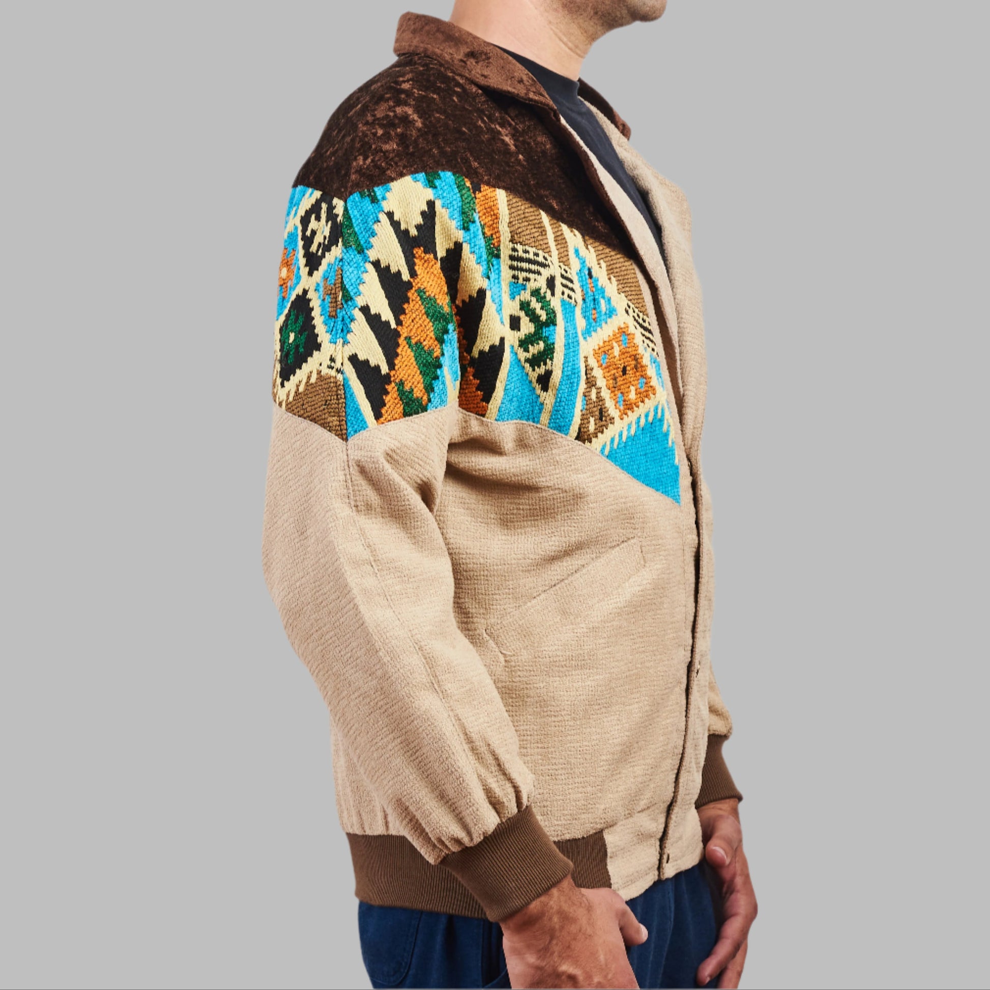 Kilim Bomber Patchwork Jacket Zabazar Jacket description Patchwork Motifs pattern coat, Hand Quilted Sustainable Jacket, Size L , Bomber Jacket, Upcycled vintage Jacket. 100% cotton one of a kind Original Zabazar Product.
