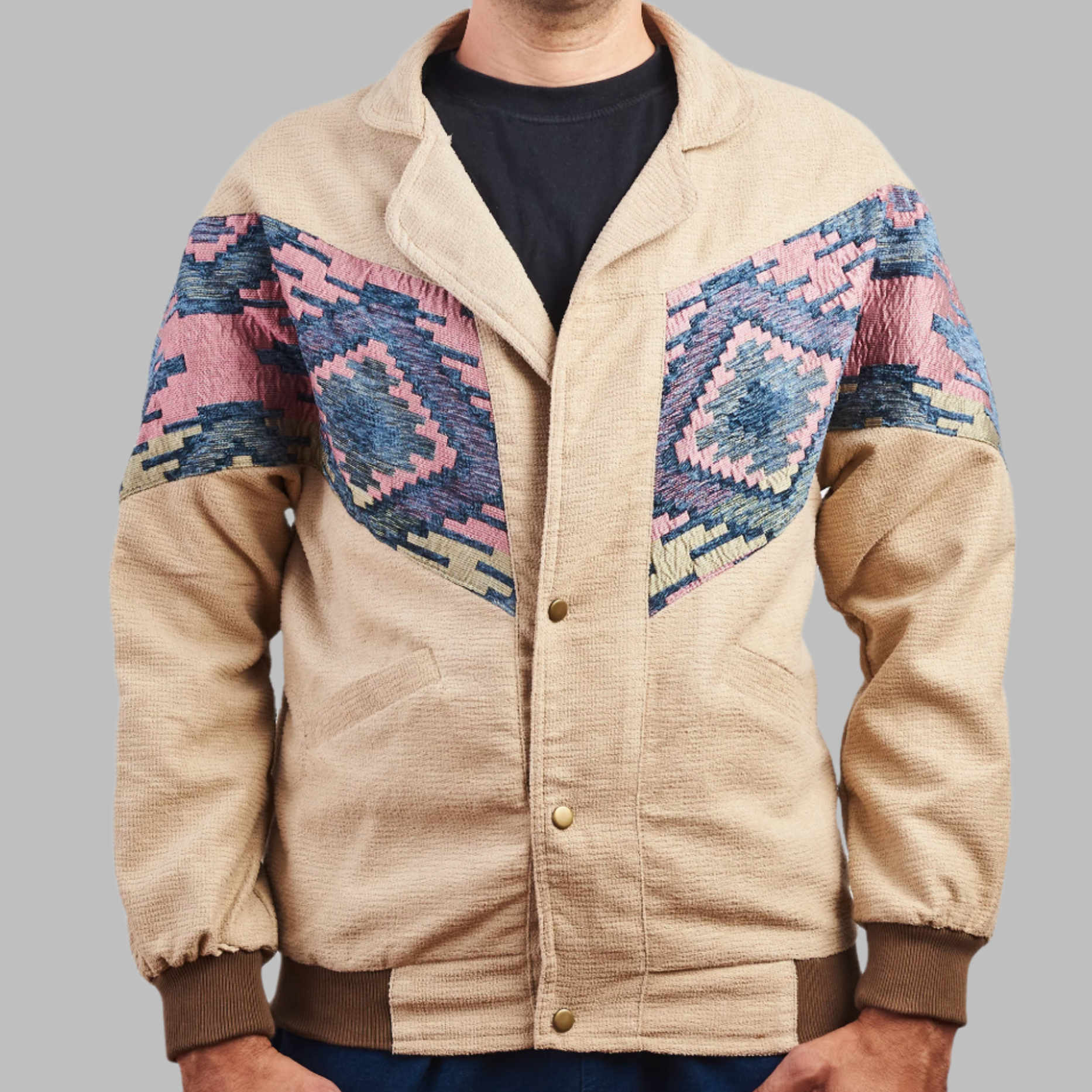 Kilim Acids Bomber Jacket Beige Jacket description Patchwork Aztec Navajo jacket, Hand Quilted Sustainable Jacket, Size L , Corduroy Bomber Jacket, Upcycled Aztec Jacket. 100% cotton Zabazar original one of a kind jackets aztec navajo retro 80's 90's coat