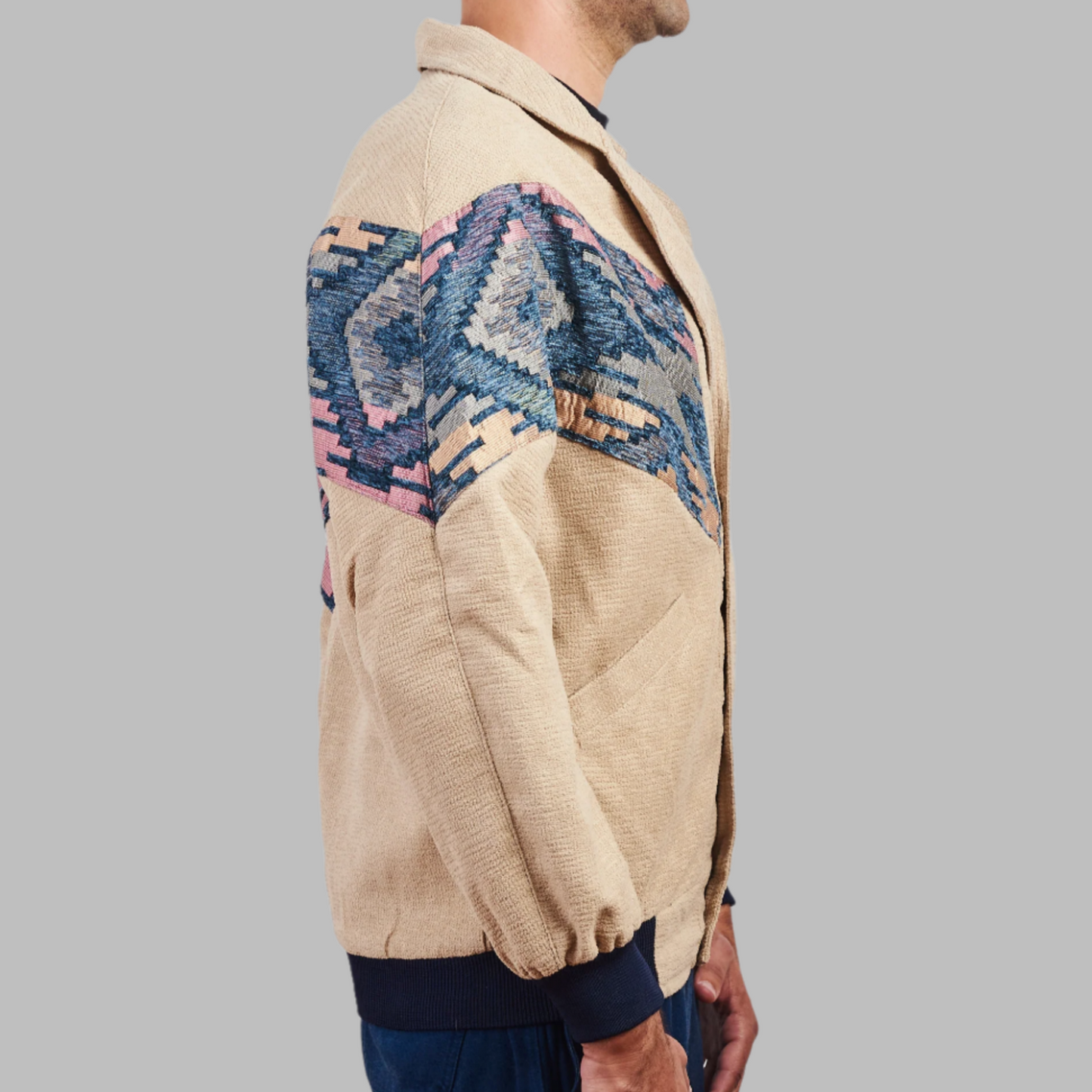 Kilim Bomber Patchwork Jacket Zabazar Jacket description Patchwork Kilim pattern jacket, Hand Quilted Sustainable Jacket, Size L , Bomber Jacket, Upcycled vintage Jacket. 100% cotton one of a kind Original Zabazar Product.