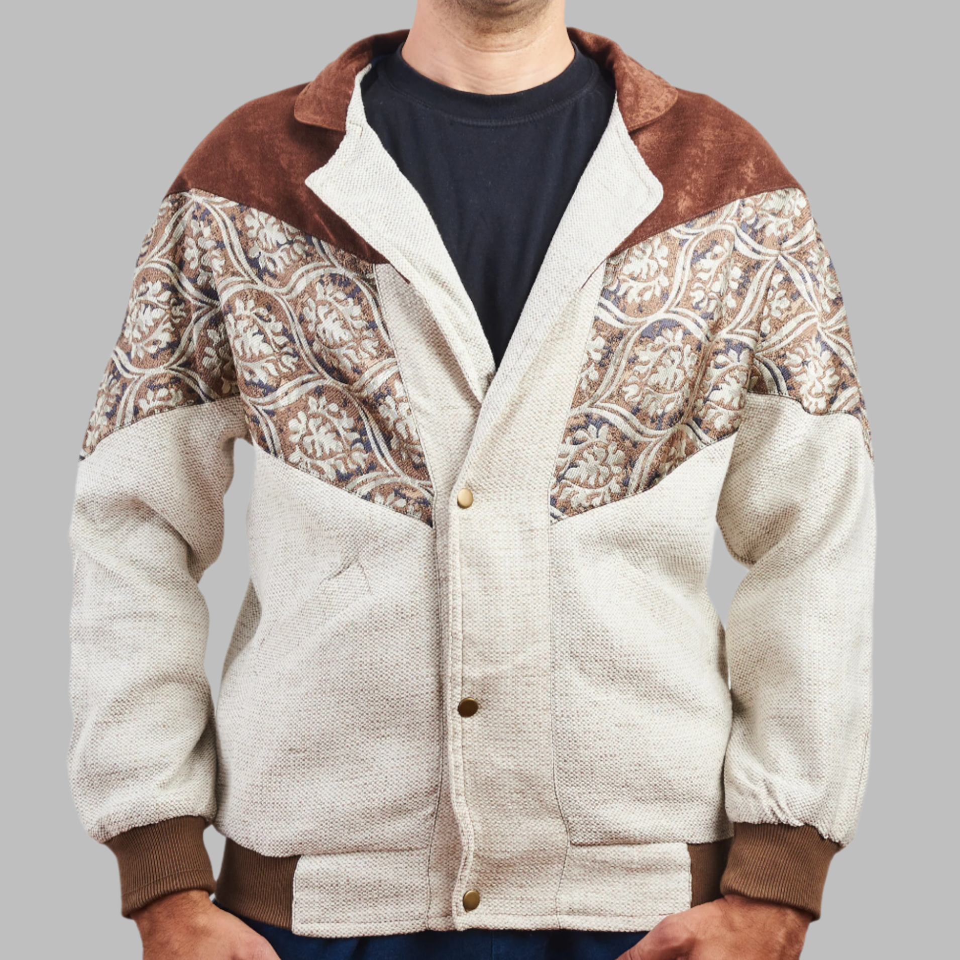 Kilim Bomber Patchwork Jacket Zabazar Jacket description Patchwork Kilim pattern jacket, Hand Quilted Sustainable Jacket, Size L , Bomber Jacket, Upcycled vintage Jacket. 100% cotton one of a kind Original Zabazar Product.