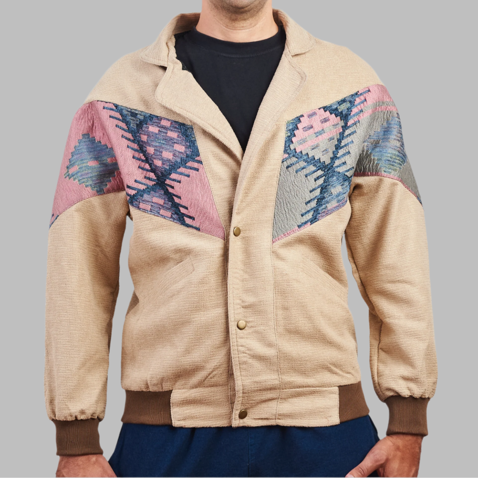 Kilim Bomber Patchwork Jacket Zabazar Jacket description Patchwork Motifs pattern coat, Hand Quilted Sustainable Jacket, Size L, Bomber Jacket, Upcycled vintage Jacket. 100% cotton one of a kind Original Zabazar Product.