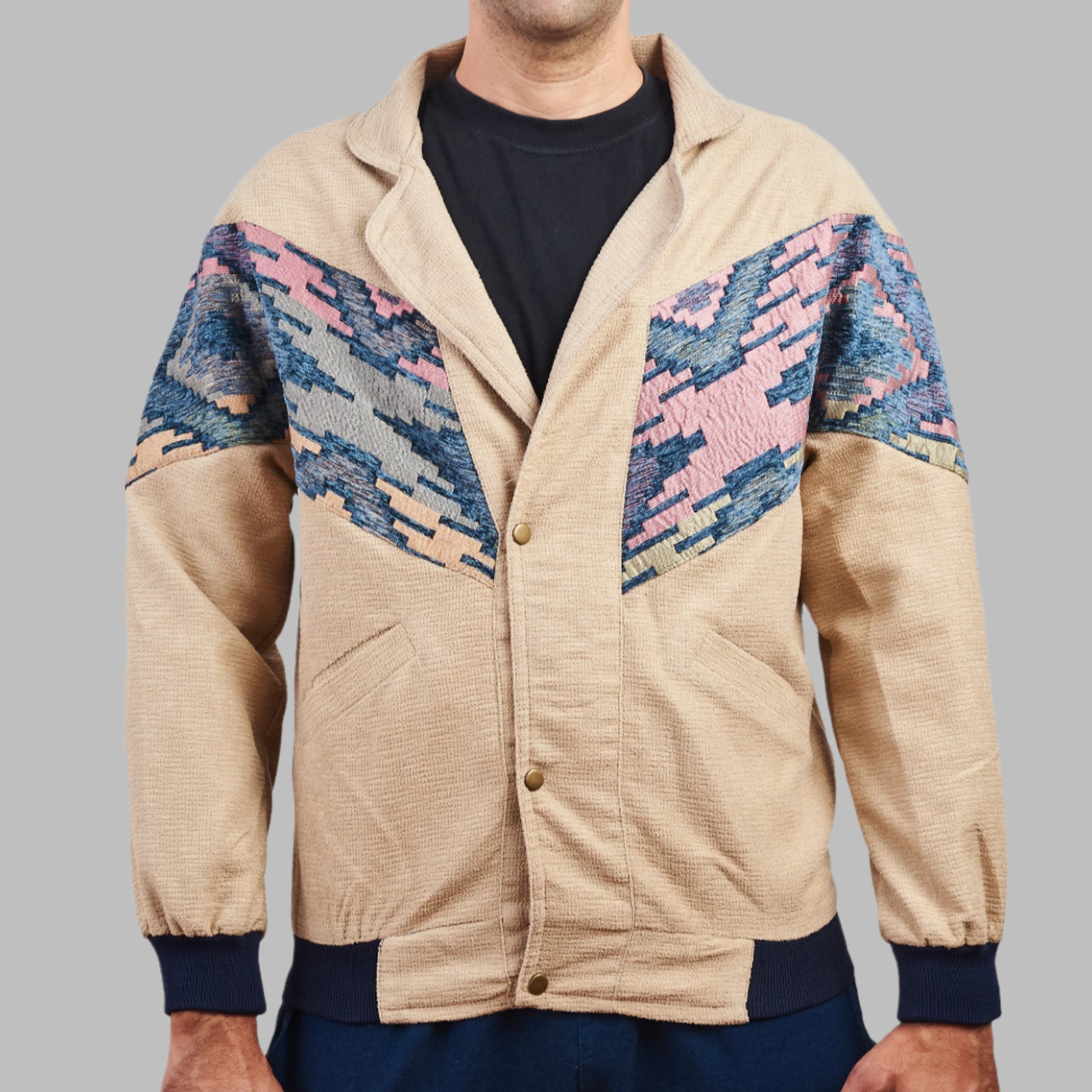 Kilim Bomber Patchwork Jacket Zabazar Jacket description Patchwork Kilim pattern jacket, Hand Quilted Sustainable Jacket, Size L , Bomber Jacket, Upcycled vintage Jacket. 100% cotton one of a kind Original Zabazar Product.