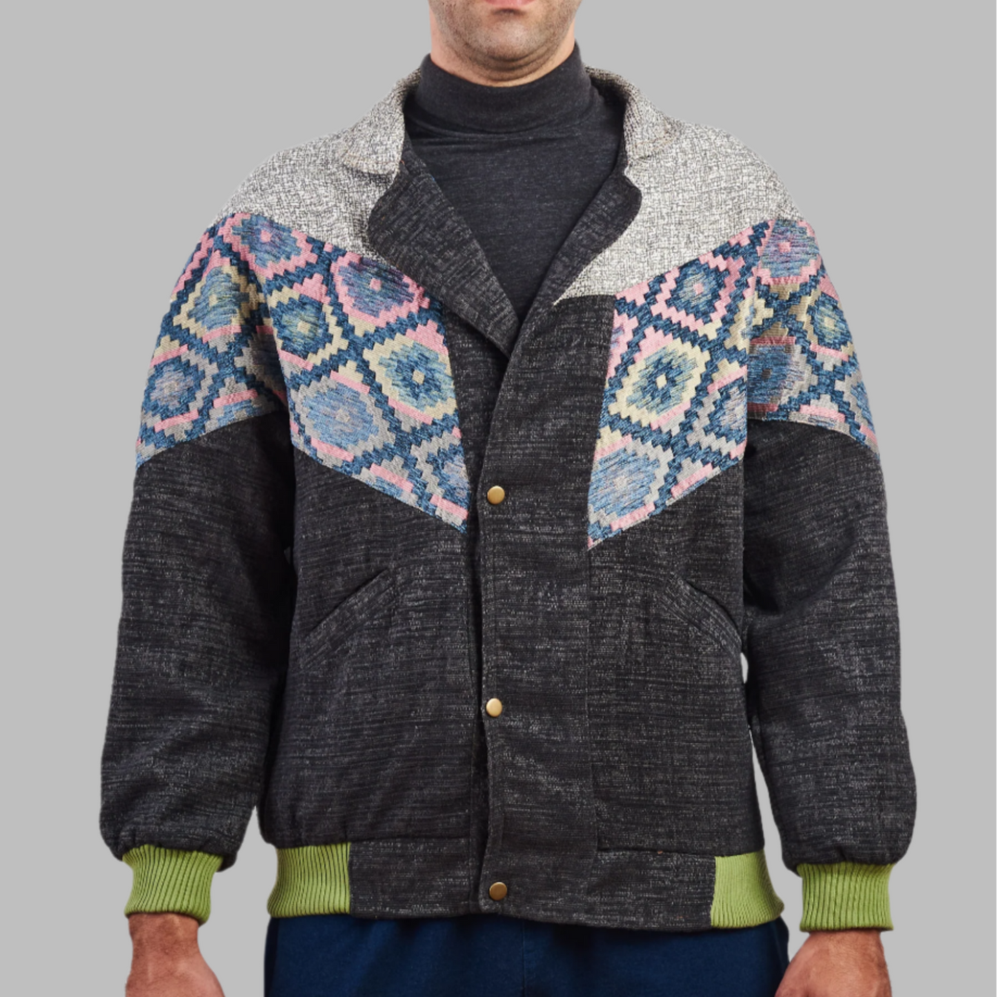 Kilim Bomber patchwork Jacket Zabazar Jacket  description Patchwork Aztec Navajo jacket, Hand Quilted Sustainable Jacket, Size L , Corduroy Bomber Jacket, Upcycled Aztec Jacket. 100% cotton Zabazar original one of a kind jackets aztec navajo retro 80's 90's coat