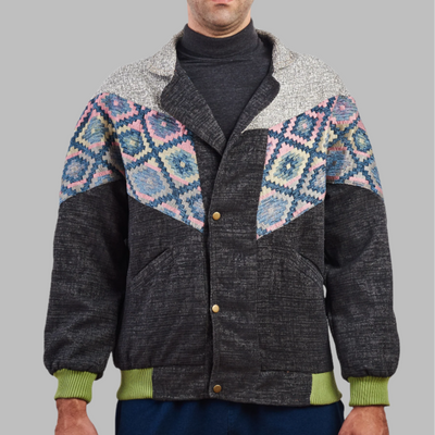 Kilim Bomber patchwork Jacket Zabazar Jacket  description Patchwork Aztec Navajo jacket, Hand Quilted Sustainable Jacket, Size L , Corduroy Bomber Jacket, Upcycled Aztec Jacket. 100% cotton Zabazar original one of a kind jackets aztec navajo retro 80's 90's coat
