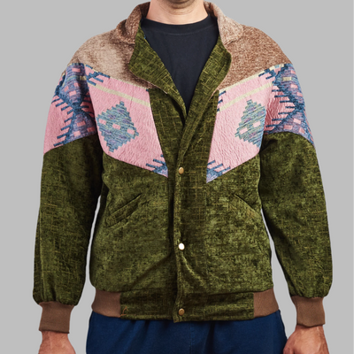 Kilim Bomber Patchwork Jacket Zabazar Jacket description Patchwork Kilim pattern jacket, Hand Quilted Sustainable Jacket, Size L , Bomber Jacket, Upcycled vintage Jacket. 100% cotton one of a kind Original Zabazar Product.