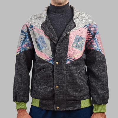 Aztec Navajo Bomber Jacket Dark Grey  Jacket description Patchwork Aztec Navajo jacket, Hand Quilted Sustainable Jacket, Size L , Corduroy Bomber Jacket, Upcycled Aztec Jacket. 100% cotton Zabazar original one of a kind jackets aztec navajo retro 80's 90's coat\
