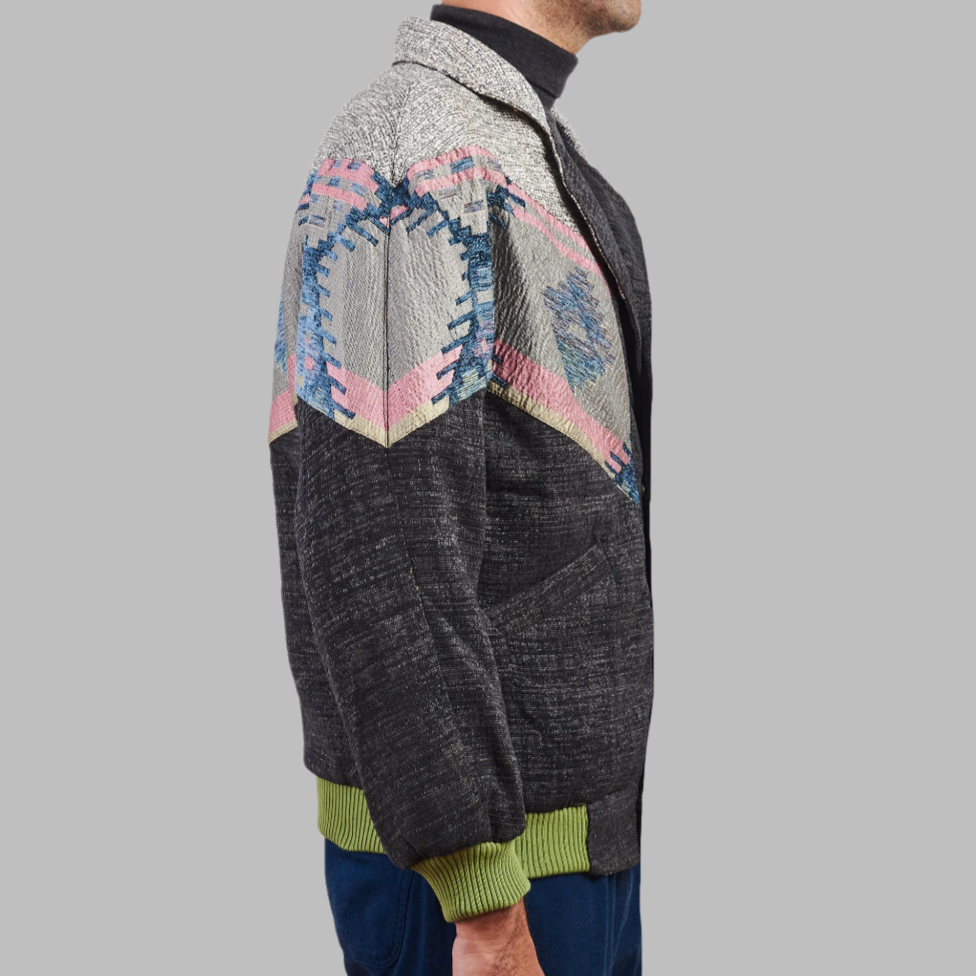 Aztec Navajo Bomber Jacket Dark Grey Jacket description Patchwork Aztec Navajo jacket, Hand Quilted Sustainable Jacket, Size L , Corduroy Bomber Jacket, Upcycled Aztec Jacket. 100% cotton Zabazar original one of a kind jackets aztec navajo retro 80's 90's coat\