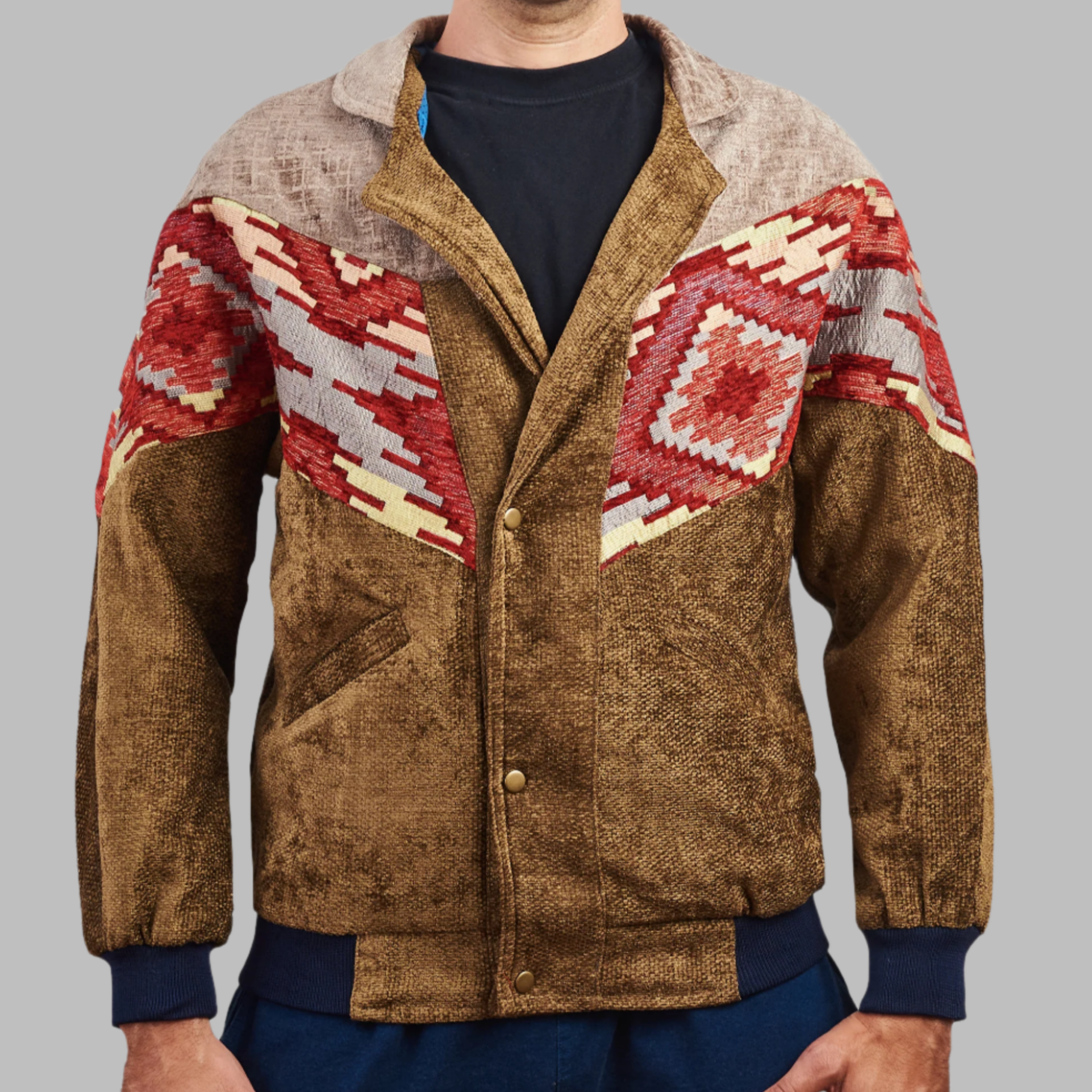 Kilim Bomber Patchwork Jacket Zabazar Jacket description Patchwork Kilim pattern jacket, Hand Quilted Sustainable Jacket, Size L , Bomber Jacket, Upcycled vintage Jacket. 100% cotton one of a kind Original Zabazar Product.