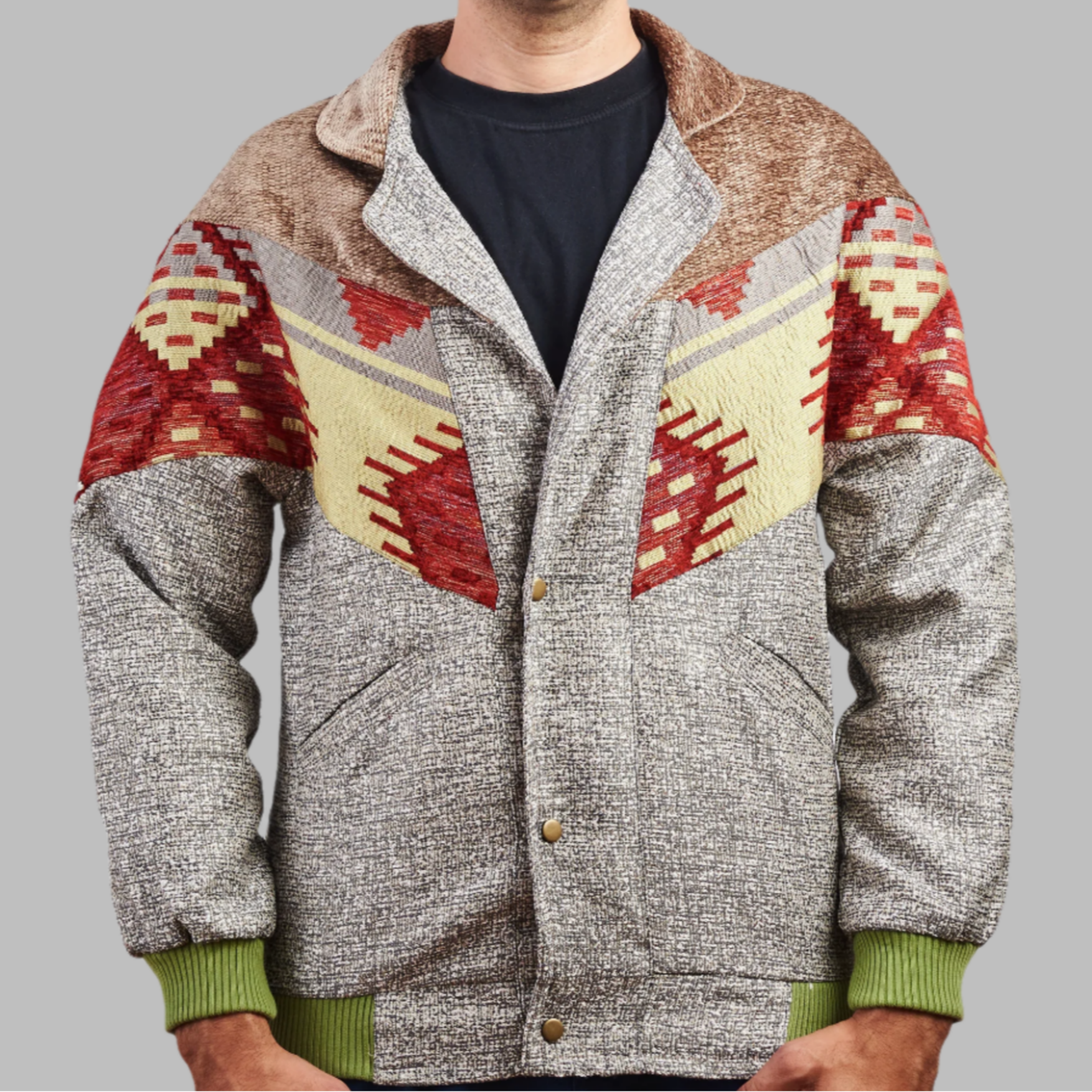 Polka DOT Bomber Jacket Grey Jacket description Patchwork Aztec Navajo jacket, Hand Quilted Sustainable Jacket, Size L , Corduroy Bomber Jacket, Upcycled Aztec Jacket. 100% cotton Zabazar original one of a kind jackets aztec navajo retro 80's 90's coat