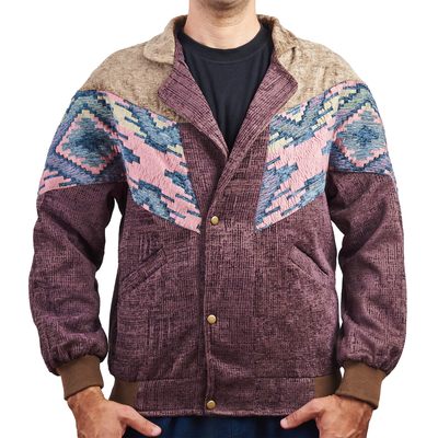 Yildiz Bomber Jacket Acid Purple  Jacket description Patchwork Aztec Navajo jacket, Hand Quilted Sustainable Jacket, Size L , Corduroy Bomber Jacket, Upcycled Aztec Jacket. 100% cotton Zabazar original one of a kind jackets aztec navajo retro 80's 90's coat
