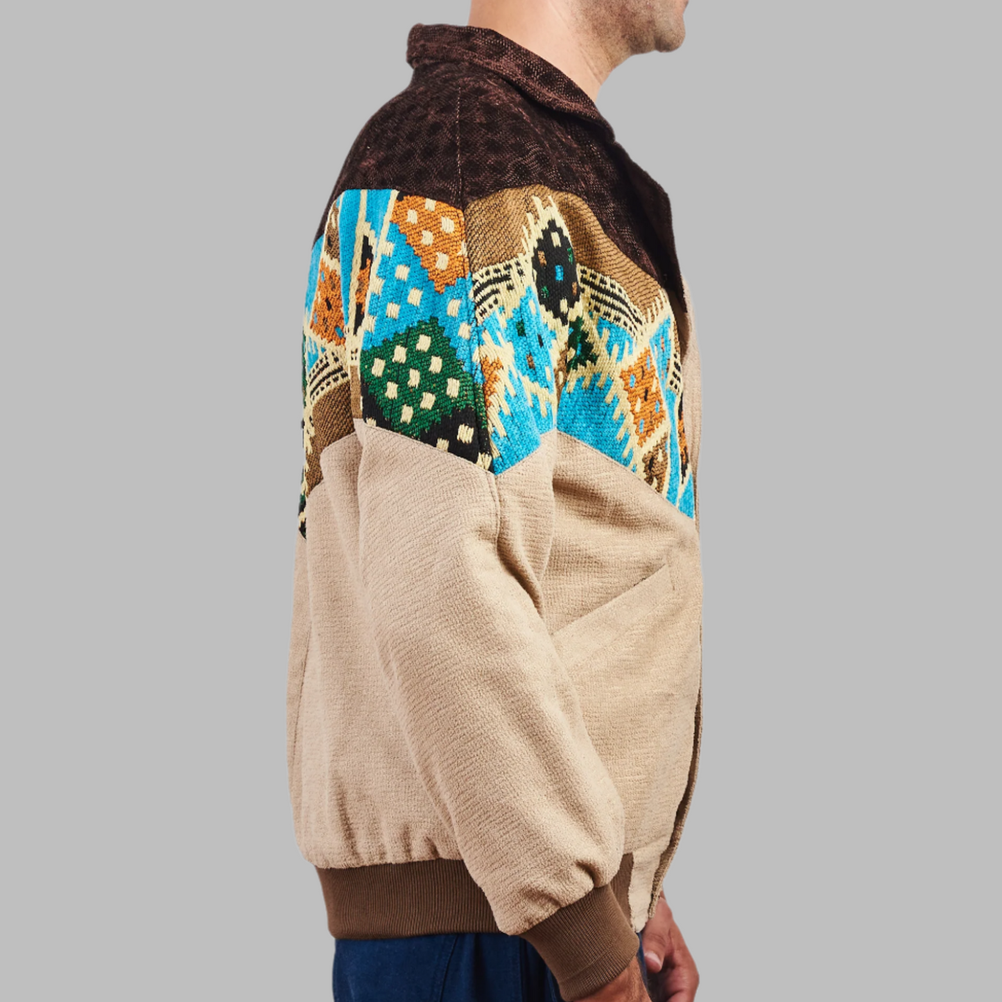 Ganoub bomber jacket luxor Jacket description Patchwork Aztec Navajo jacket, Hand Quilted Sustainable Jacket, Size L , Corduroy Bomber Jacket, Upcycled Aztec Jacket. 100% cotton Zabazar original one of a kind jackets aztec navajo retro 80's 90's coat