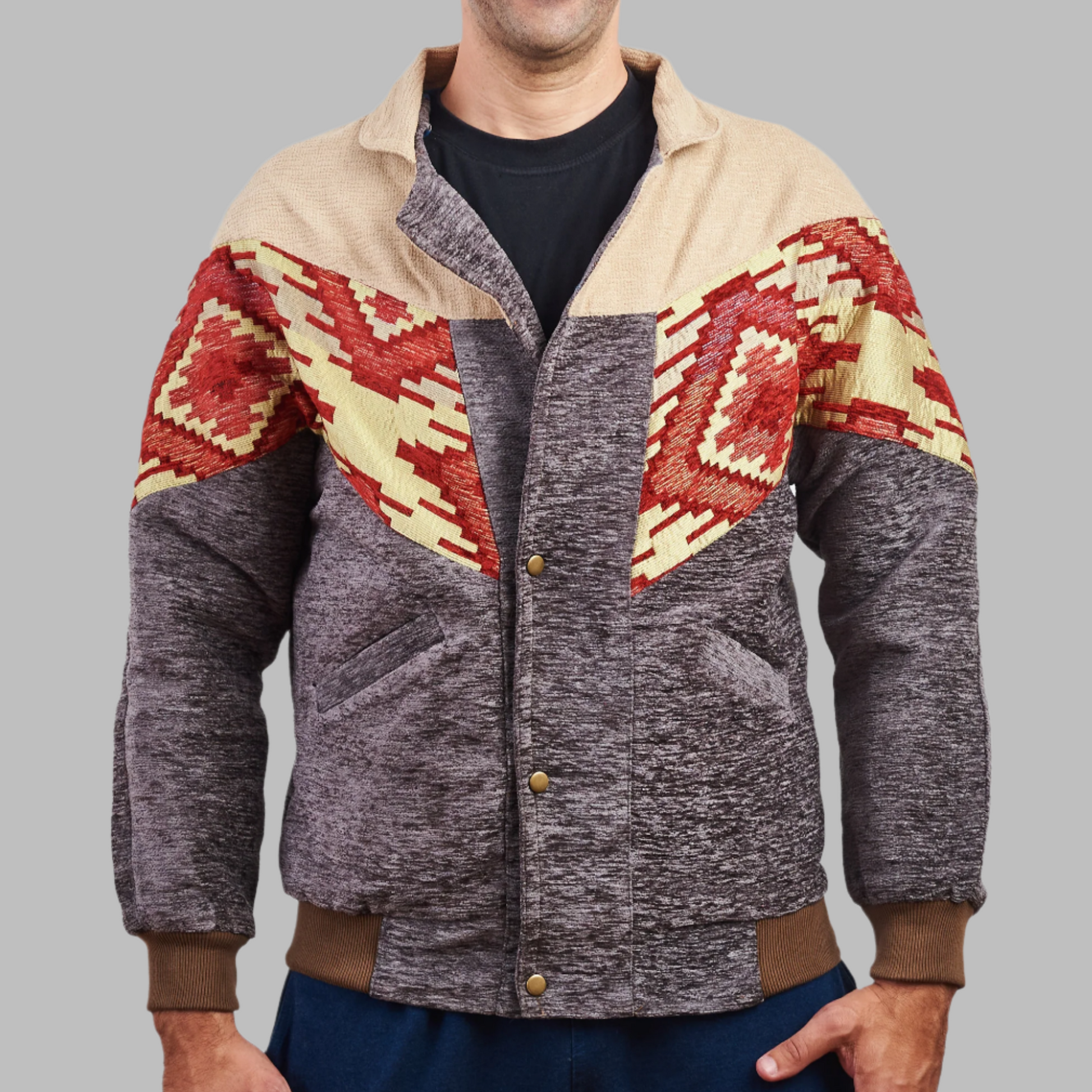 Kilim Bomber Patchwork Jacket Zabazar Jacket description Patchwork Motifs pattern coat, Hand Quilted Sustainable Jacket, Size L , Bomber Jacket, Upcycled vintage Jacket. 100% cotton one of a kind Original Zabazar Product.