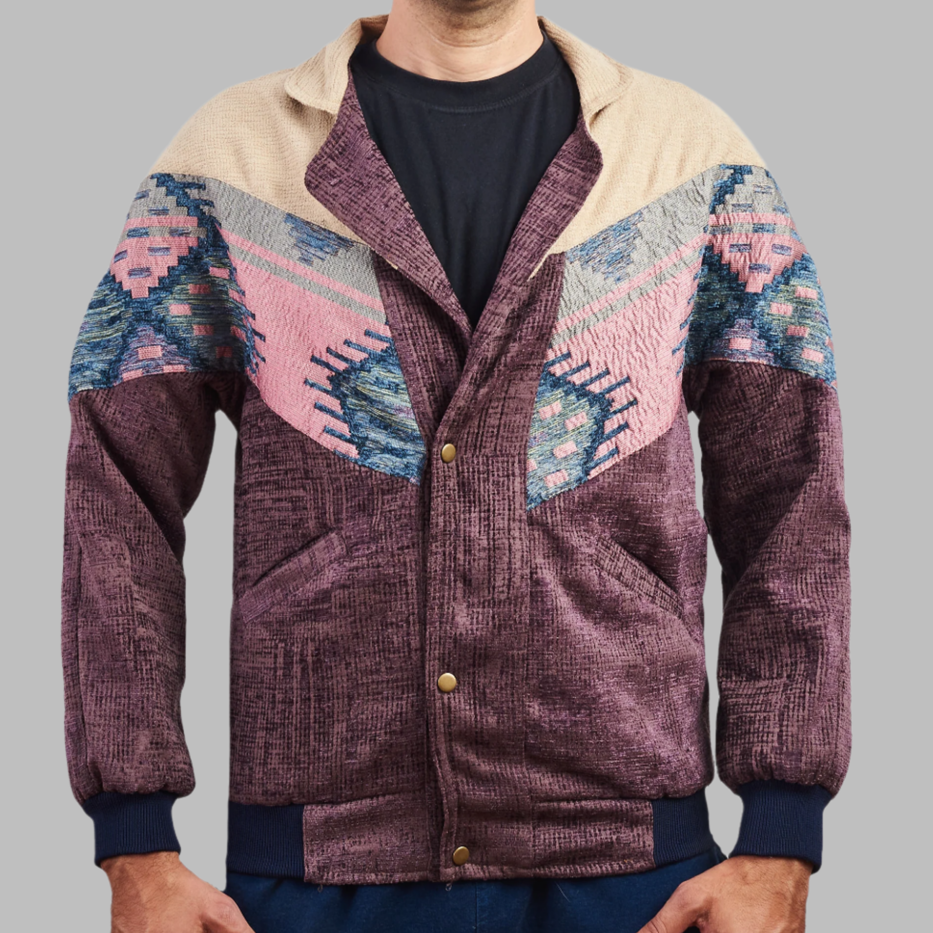 Kilim Bomber Patchwork Jacket Zabazar Jacket description Patchwork Motifs pattern coat, Hand Quilted Sustainable Jacket, Size L , Bomber Jacket, Upcycled vintage Jacket. 100% cotton one of a kind Original Zabazar Product.