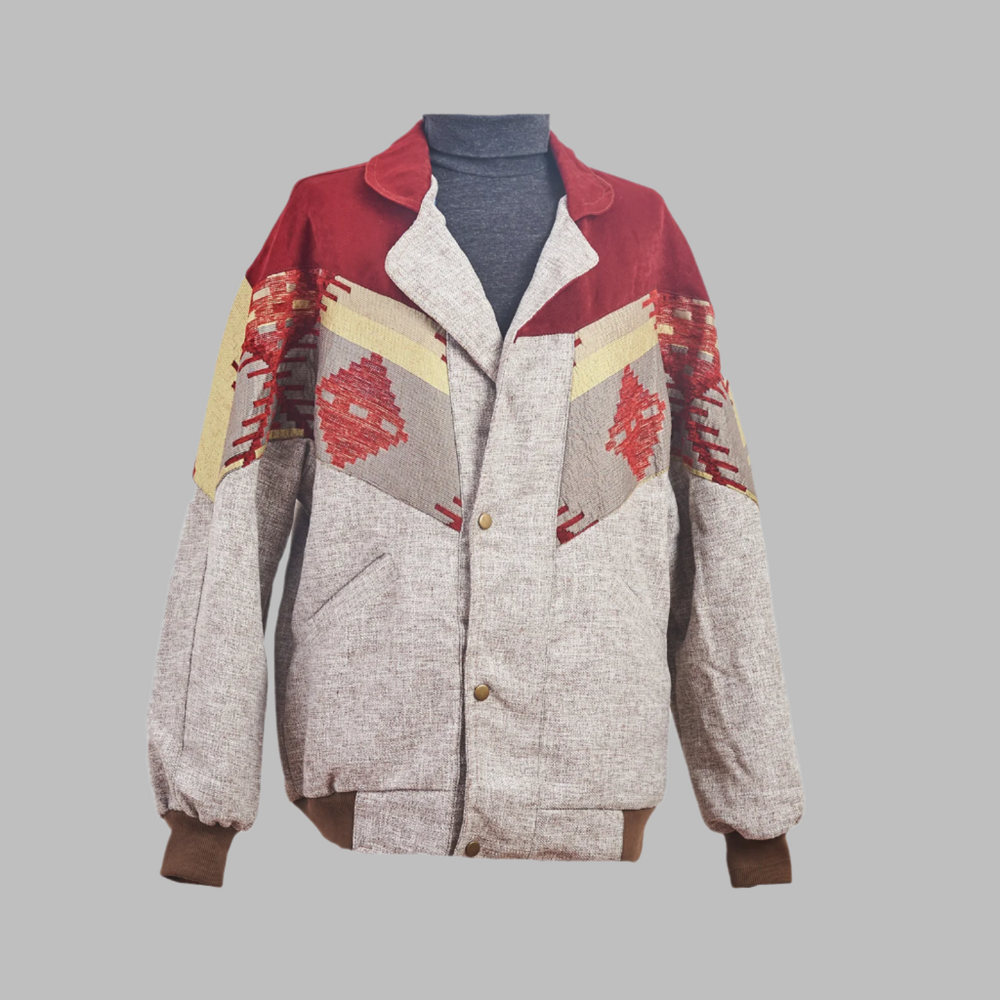 Kilim Bomber Patchwork Jacket Zabazar Jacket description Patchwork Motifs pattern coat, Hand Quilted Sustainable Jacket, Size L , Bomber Jacket, Upcycled vintage Jacket. 100% cotton one of a kind Original Zabazar Product.